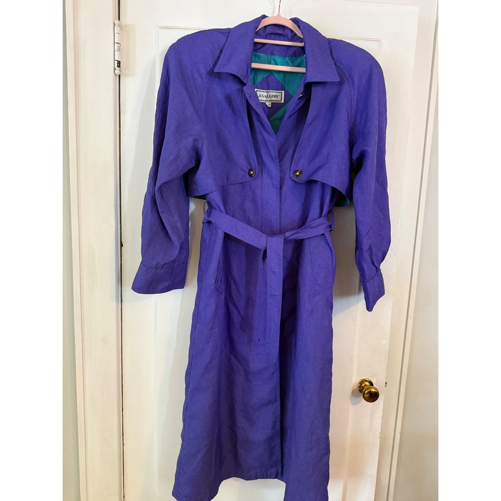 J. Gallery Vintage Purple‎ Trench Coat Belted  Duster Teal Lining Womens 11/12